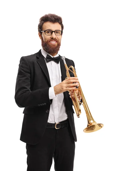 Trumpet player looking at the camera and smiling — Stock Photo, Image