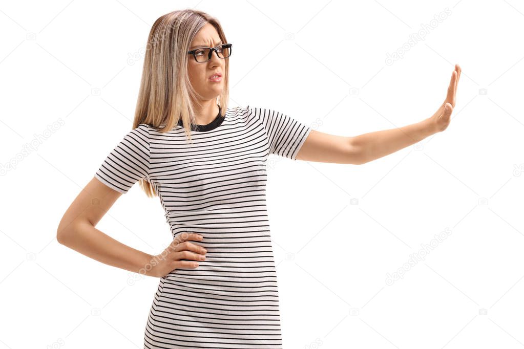 woman making a refuse gesture with her hand