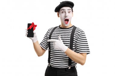 Mime artist showing phone wrapped with ribbon and pointing clipart