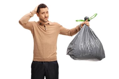 man with garbage bag holding his head in disbelief clipart