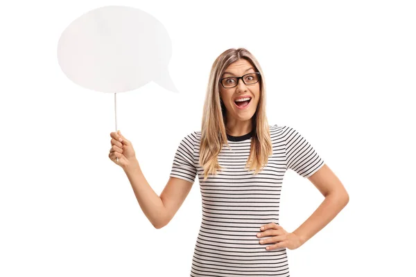 Cheerful young woman with a chat bubble — Stock Photo, Image