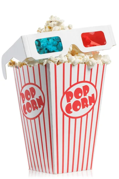 3D-bril op de top van een popcorn-doos — Stockfoto
