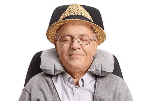 Mature man with a neck pillow sleeping — Stock Photo, Image