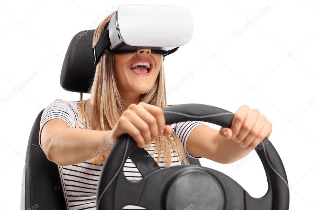 woman using a VR headset and driving