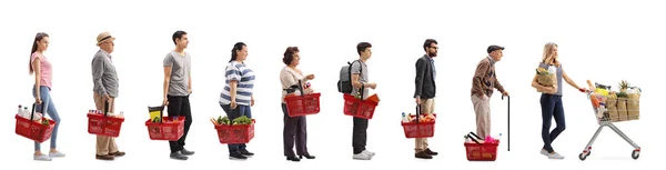People with groceries waiting in line — Stock Photo, Image