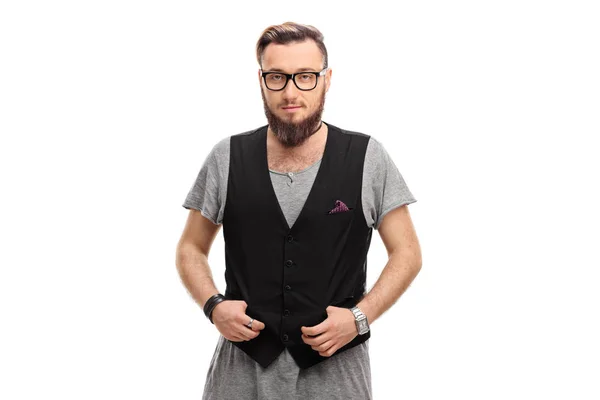 Hipster con un chaleco negro y gafas — Foto de Stock