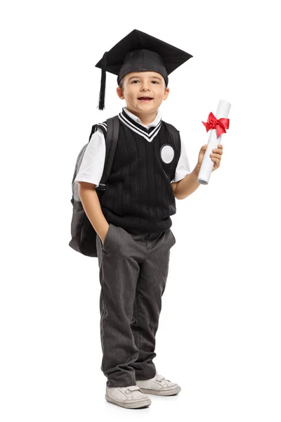 Schoolboy with a graduation hat and a diploma — Stock Photo, Image