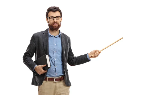 Professeur avec un livre et un bâton de bois — Photo