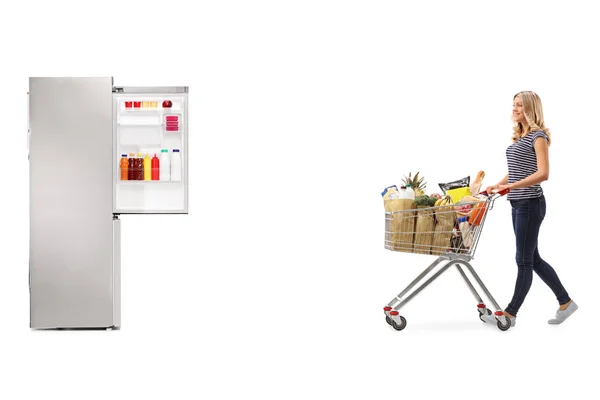 Mulher empurrando um carrinho de compras em direção a um frigorífico — Fotografia de Stock