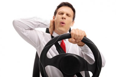 Businessman driving and experiencing neck pain clipart
