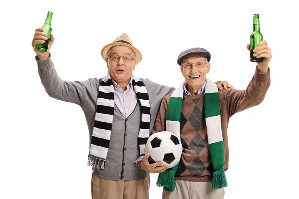 Soccer fans with scarves and bottles of beer — Stock Photo, Image