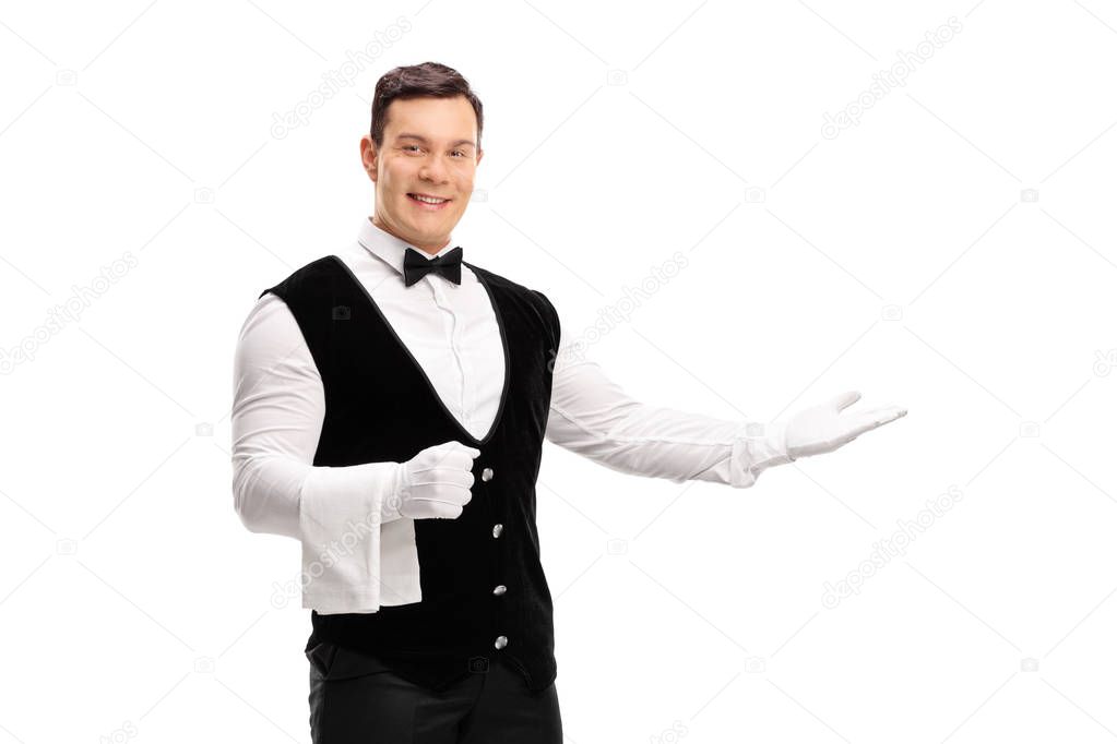 Waiter gesturing with his hand