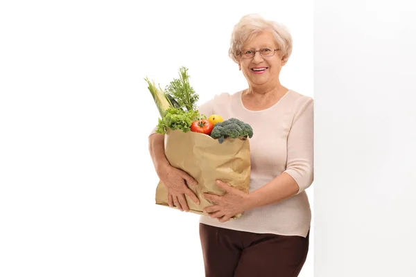 Mujer sosteniendo una bolsa de papel llena de comestibles — Foto de Stock