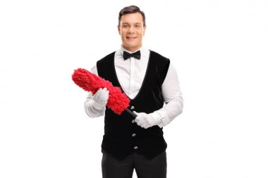 Kırmızı toz bezi tutan Butler