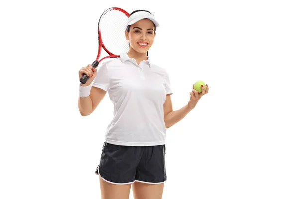 Jugadora de tenis con raqueta y pelota de tenis —  Fotos de Stock