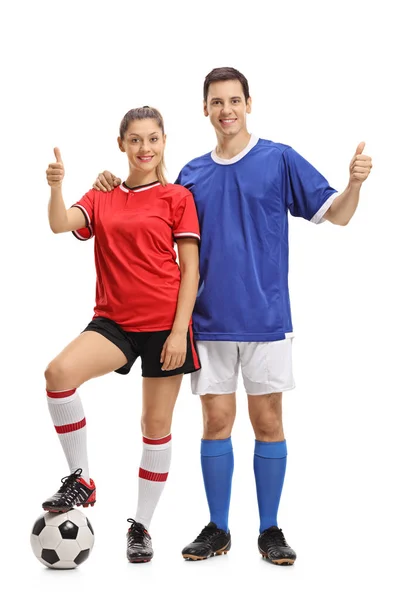 Soccer players making thumb up gestures — Stock Photo, Image