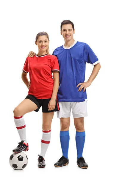 Futbolista femenino y masculino — Foto de Stock