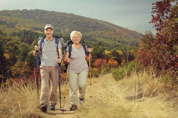 Dos senderistas ancianos caminando — Foto de Stock