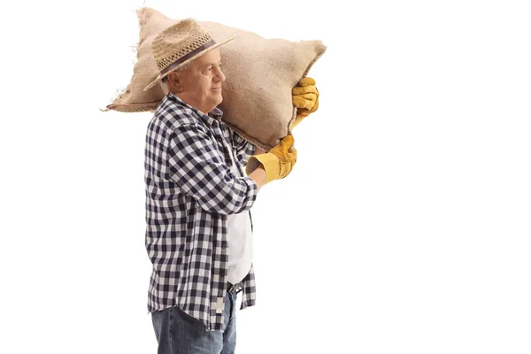 农民持有的麻布袋子在他的肩上 — 图库照片
