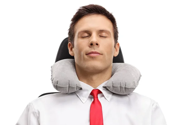 Formally dressed guy sleeping with a neck pillow — Stock Photo, Image
