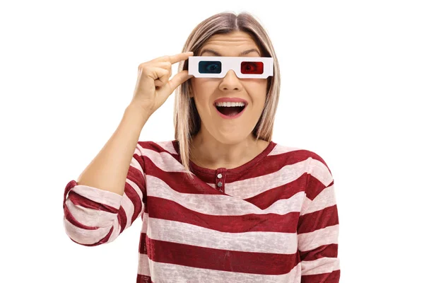 Verrast vrouw met een paar 3d bril — Stockfoto