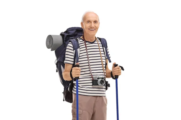 Elderly hiker with hiking equipment — Stock Photo, Image