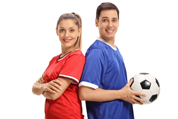 Female footballer and a male footballer — Stock Photo, Image