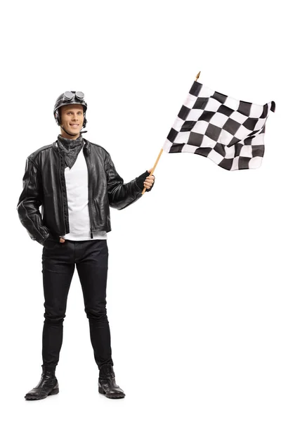Motociclista sventola una bandiera di gara a scacchi — Foto Stock