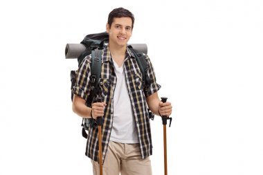 Genç uzun yürüyüşe çıkan kimse hiking, cihazları ile