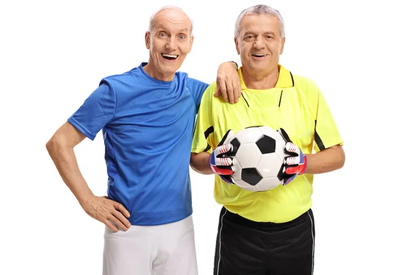 Old footballer with an old goalkeeper — Stock Photo, Image