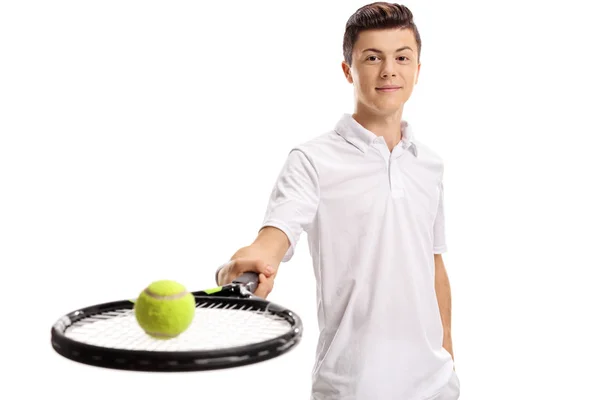 Ütő és egy teniszlabda teniszező — Stock Fotó