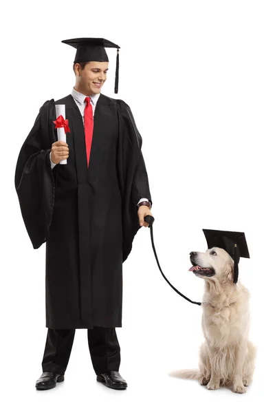 Studentin und Hund mit Doktorhut schauen einander an — Stockfoto
