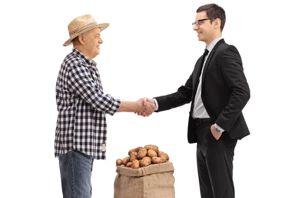 Bonde med en potatis i påse skakar hand med en affärsman — Stockfoto