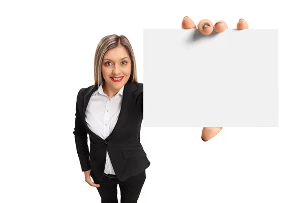 Elegant woman showing a blank card — Stock Photo, Image