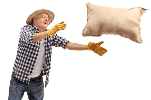 Farmer throwing a burlap sack — Stock Photo, Image