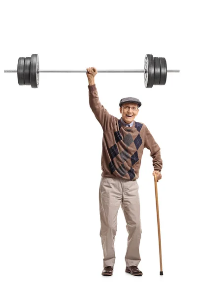 Vrolijke senior houden een barbell — Stockfoto