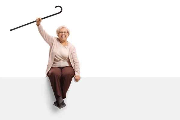 Dolblij vrouw met een stok zitten op een paneel — Stockfoto