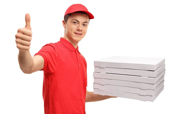 Pizza repartidor haciendo un pulgar hacia arriba signo — Foto de Stock