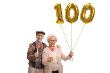 lolipop ve altın sayı yüz balonlar ile Çift