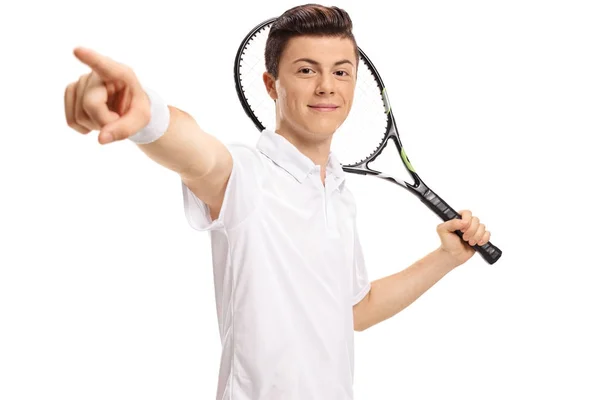 Teen tennis player with a racket pointing — Stock Photo, Image