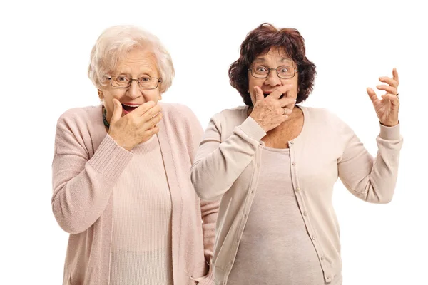 Two elderly women gesturing surprise — Stock Photo, Image