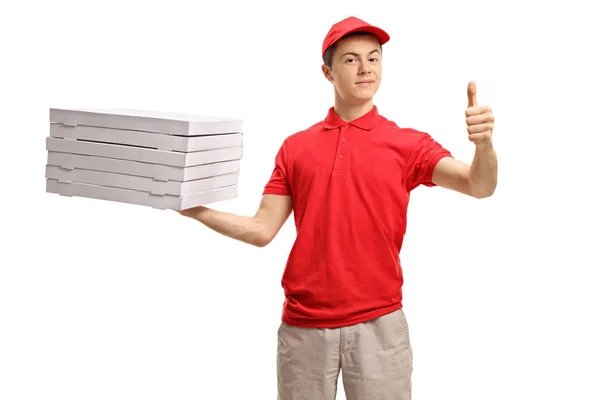 Ragazzo consegna pizza facendo un pollice su segno — Foto Stock