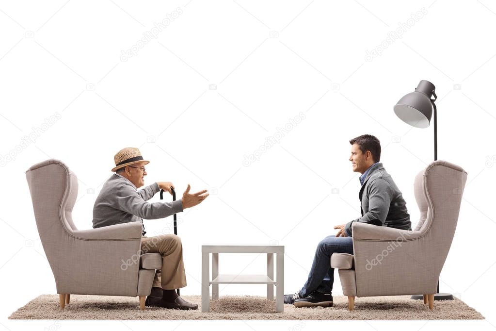 Elderly man and a guy having a conversation