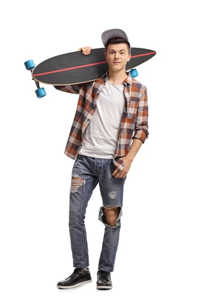 Teenage hipster with a longboard — Stock Photo, Image