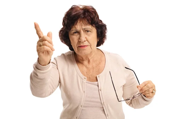 Mulher repreendendo alguém e gesticulando com o dedo — Fotografia de Stock