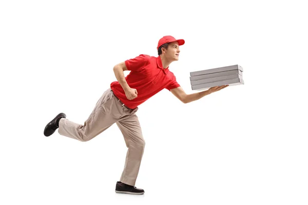 Adolescente entrega de pizza menino correndo — Fotografia de Stock