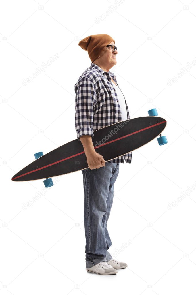 hipster holding a longboard and waiting in line