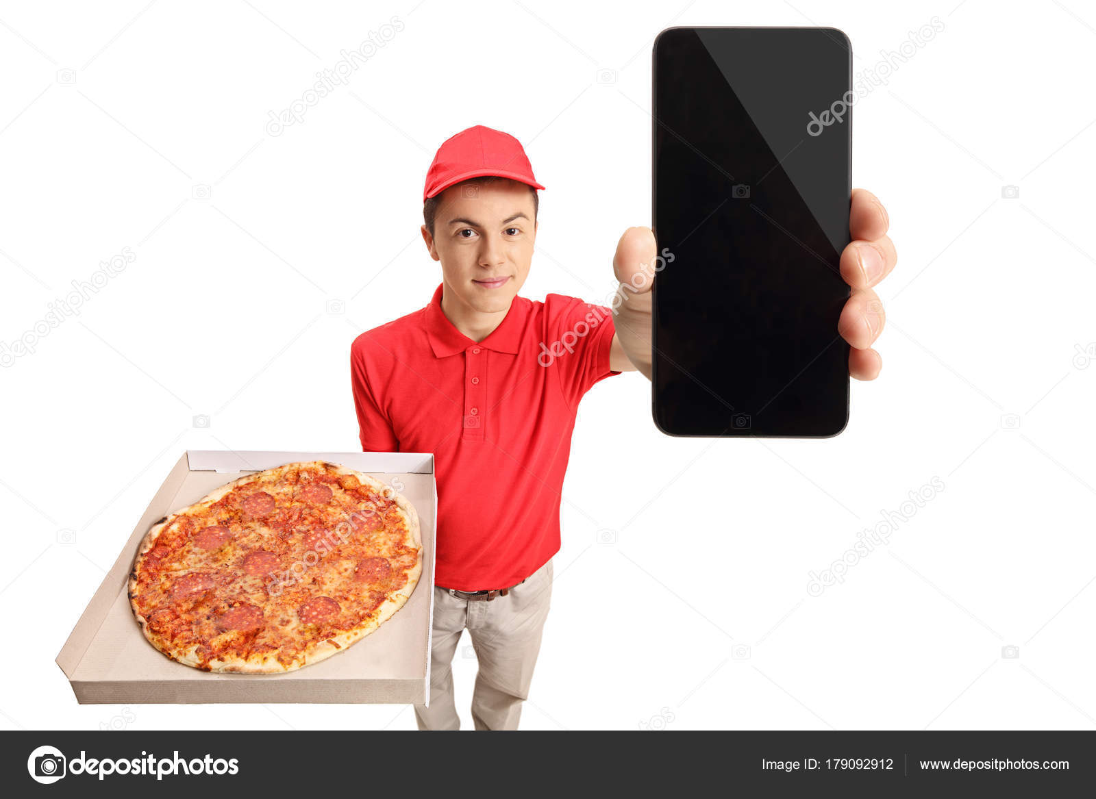 Entrega de pizza menino mostrando um telefone fotos, imagens de