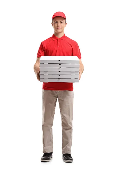 Pizza delivery fiú gazdaság pizza dobozok — Stock Fotó