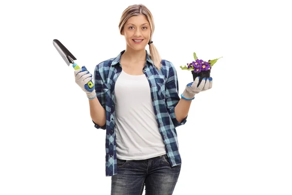 Садовница с лопатой и цветочным горшком — стоковое фото